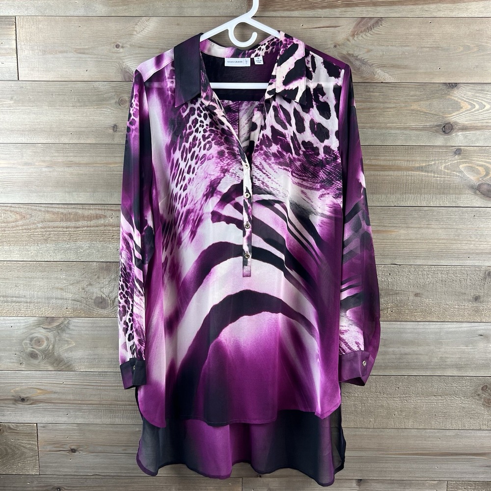 Susan Graver Womens Blouse Long Sleeve 1/4 Button Sheer Leopard‎ Zebra Size 16